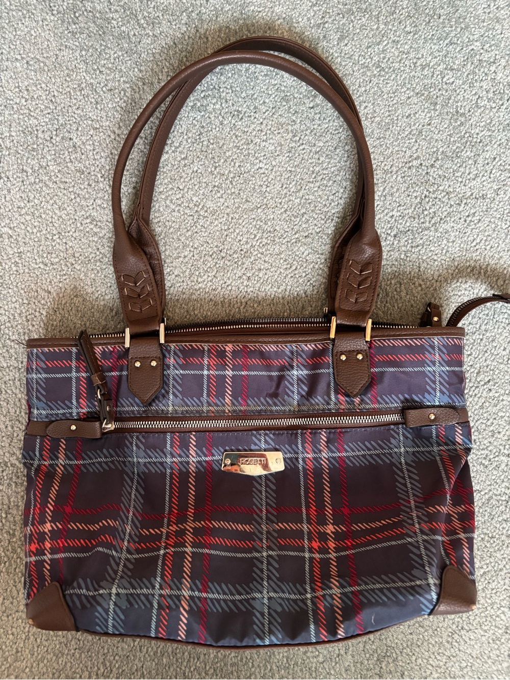 Rosetti Brown Plaid Tote with Red & Navy Accents